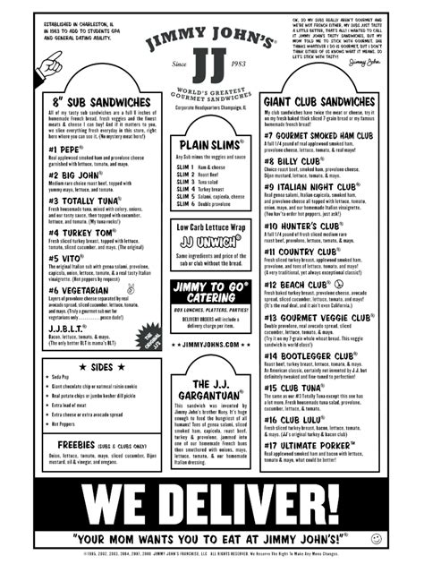 Find a <strong>Jimmy John’s</strong> to order online and see the <strong>menu</strong>, prices, and store details. . Jimmy johns menu pdf